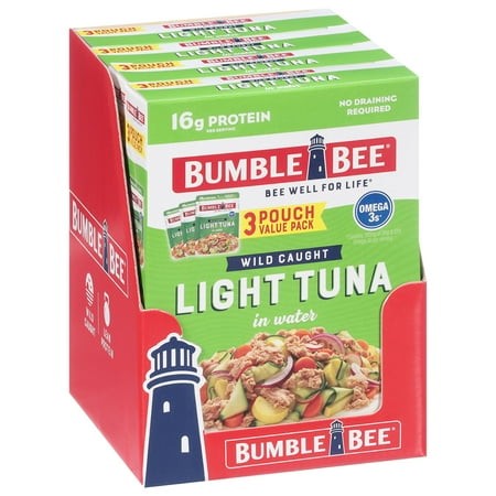 (4 Pack) Bumble Bee Chunk Light Tuna in Water  Wild Caught Skipjack Tuna  Gluten Free  16g Protein per Serving  Shelf Stable Pouch  2.5oz (Pack of 3)