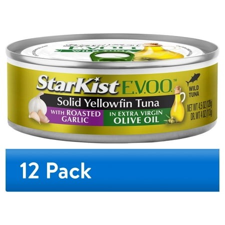 (12 Pack) StarKist E.V.O.O. Solid Yellowfin/Light Tuna with Roasted Garlic in Extra Virgin Olive Oil  28g Protein  4.5 Oz Can