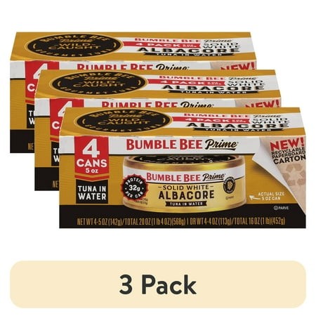 (3 Pack) Bumble Bee Prime Solid White Albacore Tuna in Water  Wild Caught  Gluten Free  32g Protein per Serving  Shelf Stable Can  5 Oz (Pack of 4)