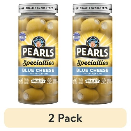 (2 Pack) Pearls Specialties Blue Cheese Stuffed Greek Queen Olives 6.7 Oz. Jar. Contains Dairy. Gluten Free. Non-GMO