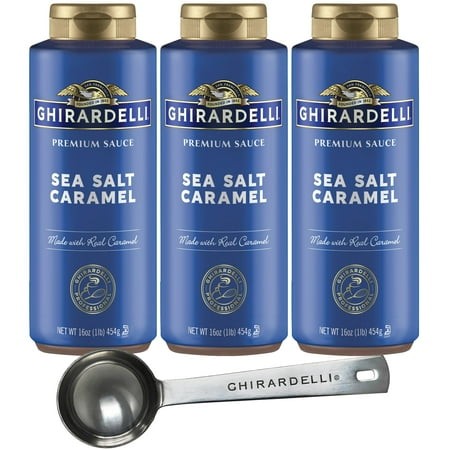 Ghirardelli Sea Salt Caramel Flavored Sauce - 16 Oz Squeeze Bottle (Pack of 3) with Ghirardelli Stamped Barista Spoon