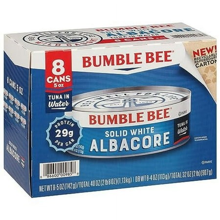 Bumble Bee Solid White Albacore Tuna in Water 5 Oz Can (Pack of 8) - Wild Caught Tuna - 29g Protein per Serving - Non-GMO Project Verified Gluten Free