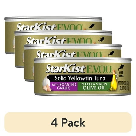 (4 Pack) StarKist E.V.O.O. Solid Yellowfin/Light Tuna with Roasted Garlic in Extra Virgin Olive Oil  28g Protein  4.5 Oz Can