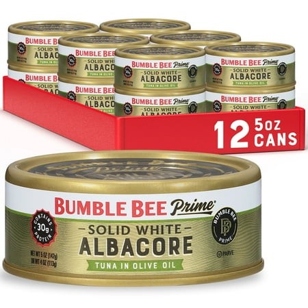 (12 Pack) Bumble Bee Prime Solid White Albacore Tuna in Olive Oil  Wild Caught  Gluten Free  30g Protein per Serving  Shelf Stable Can  5 Oz