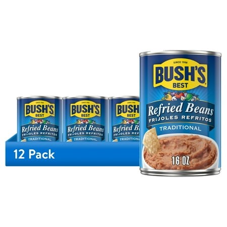 (12 Pack) Bush S Traditional Refried Beans  Canned Mashed Pinto Beans  16 Oz Can