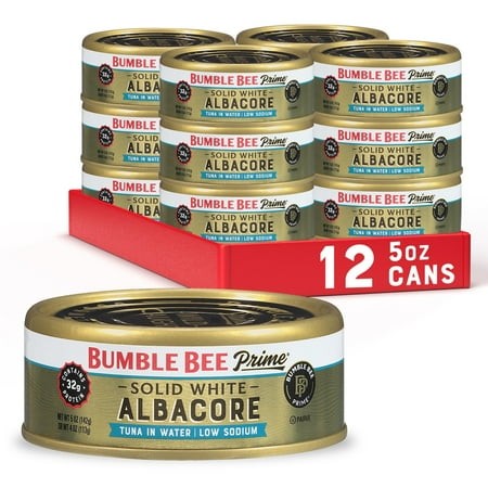(12 Pack) Bumble Bee Prime Fillet Low Sodium Solid White Albacore Tuna in Water  Wild Caught  Gluten Free  32g Protein per Serving  Shelf Stable Can  