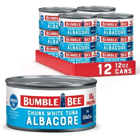 (12 Pack) Bumble Bee Chunk White Albacore Tuna in Water  Wild Caught  Gluten Free  18g Protein per Serving  Shelf Stable Can  12oz