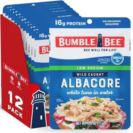 (12 Pack) Bumble Bee Low Sodium Chunk White Albacore Tuna in Water  Wild Caught  Gluten Free  16g Protein per Serving  Shelf Stable Pouch  2.5 Oz