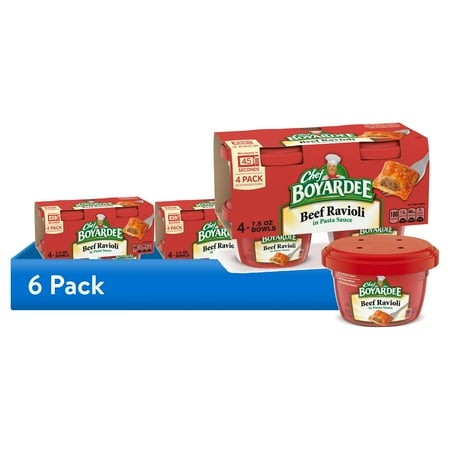 (6 Pack) Chef Boyardee Beef Ravioli in Pasta Sauce  Microwavable Meal  7.5 Oz. Bowl  4-Count