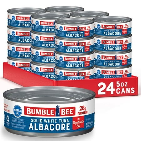 (24 Pack) Bumble Bee Solid White Albacore Tuna in Oil  Wild Caught  Gluten Free  28g Protein per Serving  Ready to Eat  Shelf Stable Can  5 Oz