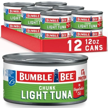 (12 Pack) Bumble Bee Chunk Light Tuna in Vegetable Oil  Wild Caught Skipjack Tuna  Gluten Free  17g Protein per Serving  Shelf Stable Can  12 Oz