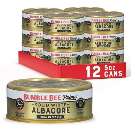 (12 Pack) Bumble Bee Prime Solid White Albacore Tuna in Water  Wild Caught  Gluten Free  32g Protein per Serving  Shelf Stable Can  5 Oz