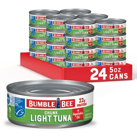 (24 Pack) Bumble Bee Chunk Light Tuna in Vegetable Oil  Wild Caught Skipjack Tuna  Gluten Free  22g Protein per Serving  Non-GMO  Shelf Stable Can  5 
