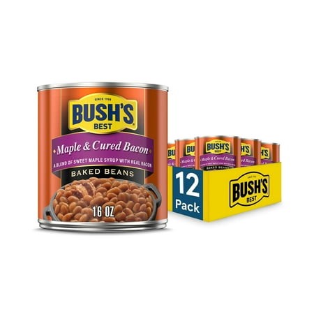 BUSH S BEST 16 Oz Canned Maple KKS1 Cured Bacon Baked Beans Source of Protein and Fiber  Low Fat  Gluten Free  (Pack of 12)