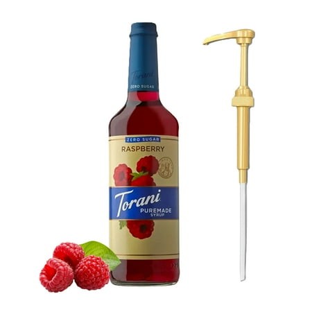 Torani Puremade Zero Sugar Raspberry Flavouring Syrup  25.4 Fl Oz (750ml) Glass Bottle with Absol Gold Pump