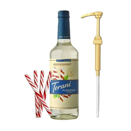 Torani Puremade Zero Sugar Peppermint Flavouring Syrup  25.4 Fl Oz (750ml) Glass Bottle with Absol Gold Pump