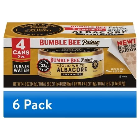 (6 Pack) Bumble Bee Prime Solid White Albacore Tuna in Water  Wild Caught  Gluten Free  32g Protein per Serving  Shelf Stable Can  5 Oz (Pack of 4)