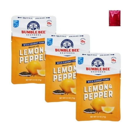 Bumble Bee Lemon & Pepper Seasoned Tuna  2.5 Oz Pouches  3 Pack + BONUS LaPrima Morceau Bonbon | Ready-to-Eat Tuna with Spoon | on-the-Go Lunch  Snack