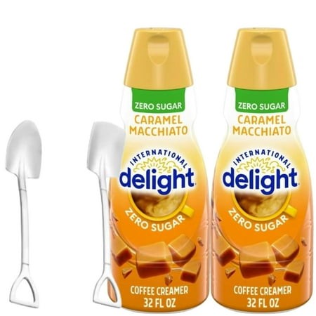 Candy Freezer Int L Delight Shelf-stable Non-dairy Liquid Coffee Creamer.- Pack of Two (2) 32 Fl Oz Bottles (Zero Sugar Caramel Macchiato) with Shovel