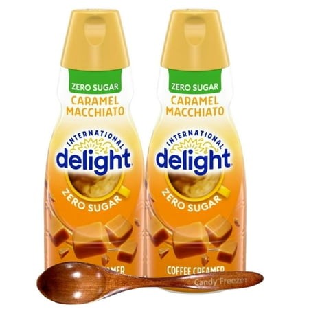 Candy Freezer Int L Delight Shelf-stable Non-dairy Liquid Coffee Creamer.- Pack of Two (2) 32 Fl Oz Bottles (Zero Sugar Caramel Macchiato) with Wooden