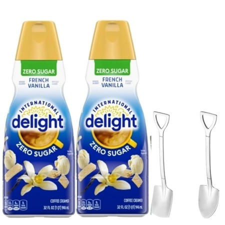 Candy Freezer Int L Delight Shelf-stable Non-dairy Liquid Coffee Creamer.- Pack of Two (2) 32 Fl Oz Bottles (French Vanilla Zero Sugar) with Shovel Sp