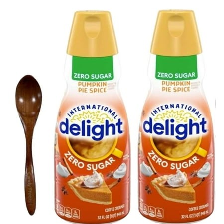Candy Freezer Int L Delight Shelf-stable Non-dairy Liquid Coffee Creamer.- Pack of Two (2) 32 Fl Oz Bottles (Pumpkin Pie Spice Zero Sugar) with Wooden
