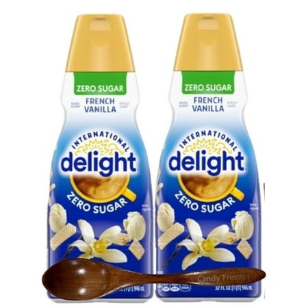 Candy Freezer Int L Delight Shelf-stable Non-dairy Liquid Coffee Creamer.- Pack of Two (2) 32 Fl Oz Bottles (French Vanilla Zero Sugar) with Wooden Sp