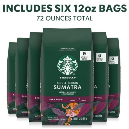 Starbucks Sumatra Whole Bean Coffee  Dark Roast  12 Oz Bags (Pack of 6)