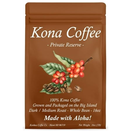 100% Hawaiian Kona Coffee - Whole Bean - Dark/Medium Roast - 1lb (16oz) - Private Reserve - Farm Fresh - Grown and Packaged on the Big Island of Hawai