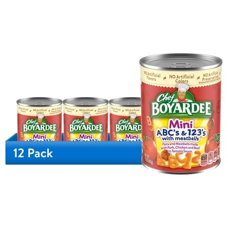 (12 Pack) Chef Boyardee Mini ABC S and 123 S with Meatballs in Tomato Sauce  Ready-to-Eat Meal  15 Oz. Can