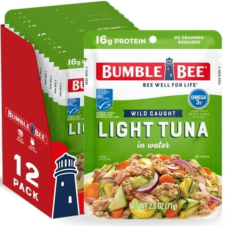 (12 Pack) Bumble Bee Light Tuna in Water  Wild Caught  Gluten Free  16g Protein per Serving  Ready to Eat  Shelf Stable Pouch  2.5 Oz