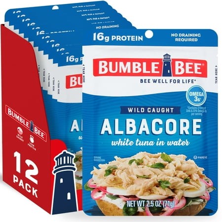 (12 Pack) Bumble Bee Chunk White Albacore Tuna in Water  Wild Caught  Gluten Free  16g Protein per Serving  Ready to Eat  Shelf Stable Pouch  2.5 Oz
