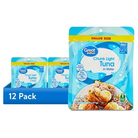 (12 Pack) Great Value Premium Wild Caught Chunk Light Tuna in Water  6.4 Oz  Pouch
