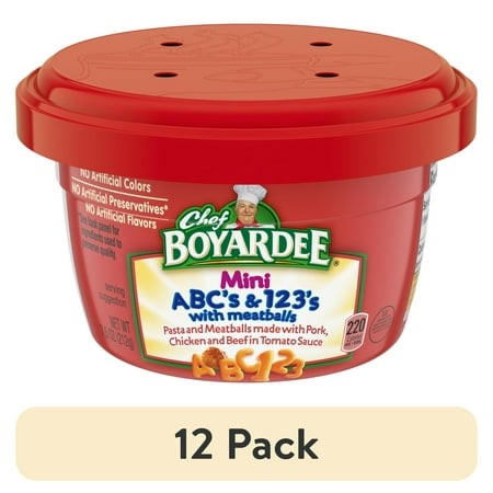 (12 Pack) Chef Boyardee Mini ABC S and 123 S with Meatballs in Tomato Sauce  Microwavable Meal  7.5 Oz. Bowl