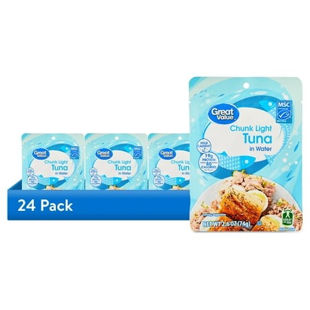 (24 Pack) Great Value Chunk Light Tuna in Water  2.6 Oz Pouch