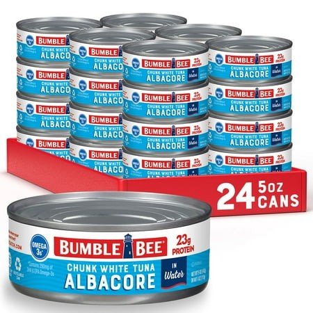 (24 Pack) Bumble Bee Chunk White Albacore Tuna in Water  Wild Caught  Gluten Free  23g Protein per Serving  Shelf Stable Can  5 Oz