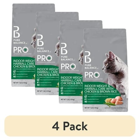 (4 Pack) Pure Balance Pro+ Indoor Weight & Hairball Care Chicken & Brown Rice Dry Cat Food  7 Lbs