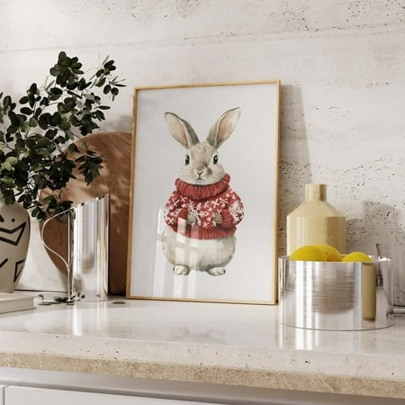 Watercolor Rabbit in Red Sweater Christmas  Xmas Rabbit Print  Merry Christmas  Xmas Home Decor  Animal Prints  Pet Portrait #3619  Unframed Poster Si