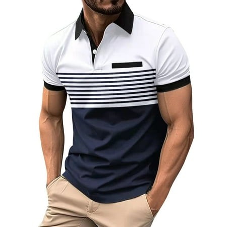 DLfVUB Shirts for Men Short Sleeve Button Down Golf T-Shirts Fashion Stripe Patchwork Graphic Shirts Tee Lapel Pocket Workout Shirts Tops White L