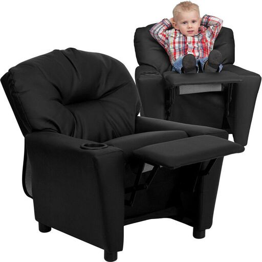 Contemporary Black Leather Kids Recliner with Cup Holder - BT-7950-KID-BK-LEA-GG