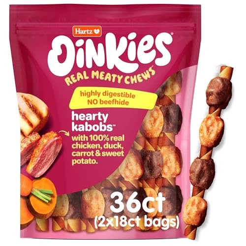 Hartz Oinkies Hearty Kabob Dog Treats with 100% Real Chicken, Duck, Sweet Potato & Carrot, Rawhide-Free, Natural Dog Treats, Highly Digestible Long La