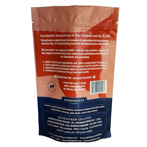 Withers & Withers Natural Dog Treats – Vegan Dog Treat with Turmeric, Vegan Chicken, Pumpkin & Sweet Potato 6 Oz, 100% Compostable Bag – Humane Pl thumbnail