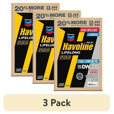 (3 Pack) Chevron Havoline Lifelong 0W-20 Full Synthetic Motor Oil  6 Quarts (Smart Change Box)