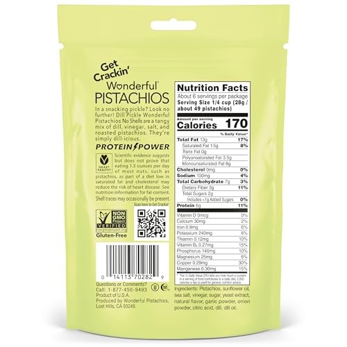 Wonderful Pistachios No Shells Dill Pickle Nuts, 5.5 Ounce Resealable Bag, Protein Snacks, Gluten Free, Healthy Snacks thumbnail