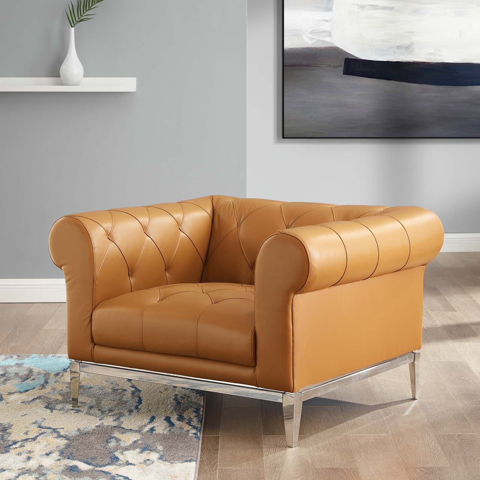 Idyll Tufted Button Upholstered Leather Chesterfield Armchair - East End Imports EEI-3443-TAN