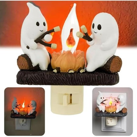 Ghost Campfire Flickering Night Light  2024 Halloween Ghost Campfire Flickering Nightlight  3D LED Small Electric Faux Campfire Night Light  Halloween