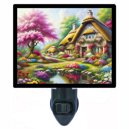 Cottage Pond Night Light – Charming English Garden Cottage with Flower Path and Reflective Water  Spring Floral Home Décor – Includes Free Switch