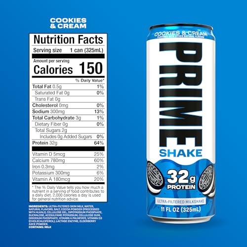 PRIME Protein Shake, Cookies & Cream, 32g Protein for Muscle Support & Recovery, Ultra-Filtered Milk, Lactose Free, Low Sugar, Low Calorie, Ready to D thumbnail