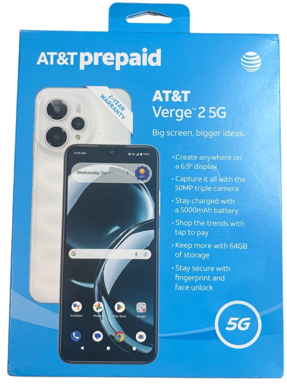 WORKING VERIFIED, SCREEN CRACKED , At&T Verge 2 5G Smartphone 6.9-Inch HD+ Display 64GB Storage Triple Rear Camera