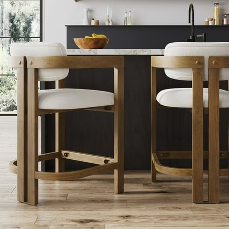 Veya 25.2 Inch H Light Brown Back Solid Wood with Wraparound Armrests, Barrel Bar Stool with Boucle Upholstery